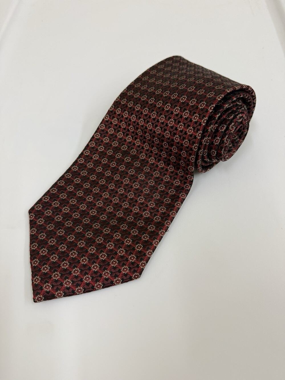 Hickey Freeman Collection Mens Silk Tie Burgundy Red Floral Grid Woven Italy